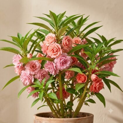 Potted plant with vibrant green leaves and clusters of pink and peach-colored rosette flowers against a neutral background.