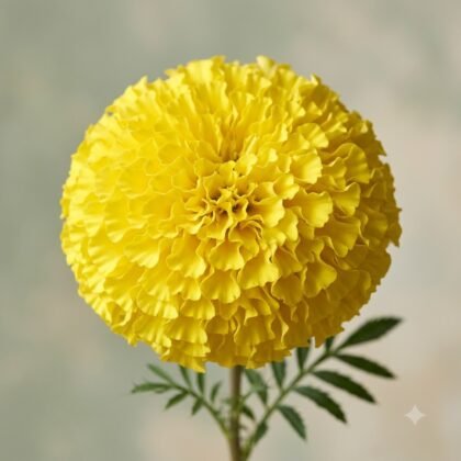 A round, bright yellow marigold flower with dense ruffled petals on a stem with green leaves.