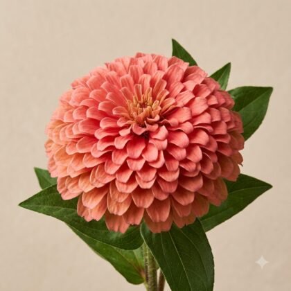Close-up of a vibrant coral zinnia flower with neatly layered petals and green leaves against a neutral background.