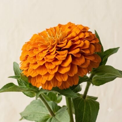 Close-up of a vibrant orange zinnia flower with layered petals and green leaves against a neutral background.