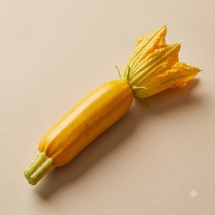 A single yellow zucchini with an attached yellow blossom rests on a neutral background.