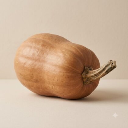An elongated tan squash with a thick, woody stem resting on a neutral background.