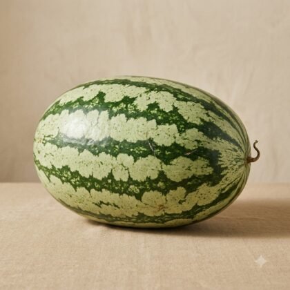 A whole striped watermelon sits on a neutral-colored surface against a plain background.