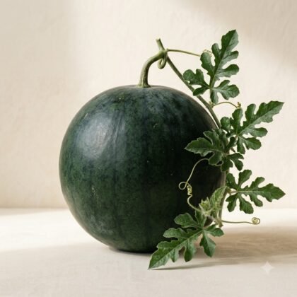 A whole dark green watermelon with a stem and attached leafy vine on a light surface.