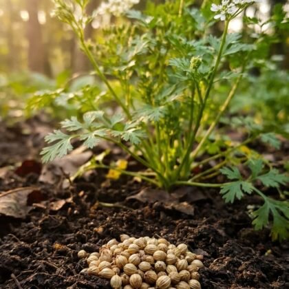 A pile of coriander seeds on soil with a growing coriander plant in the background.