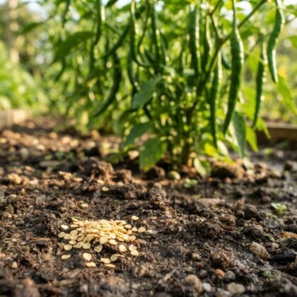 Green chilli seeds resting on garden soil with a mature chilli plant in the background.