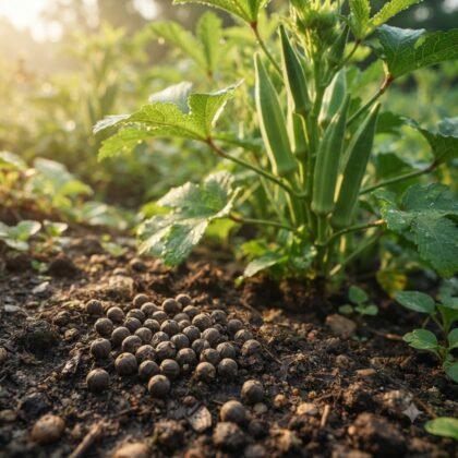 Round okra seeds scattered on the soil next to growing okra plants in sunlight.
