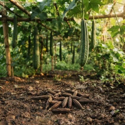 Ridge gourd vegetables hanging from a trellis with dried seed pods on the ground below.
