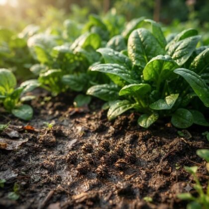 Spinach plants growing in soil with seeds visible on the ground.