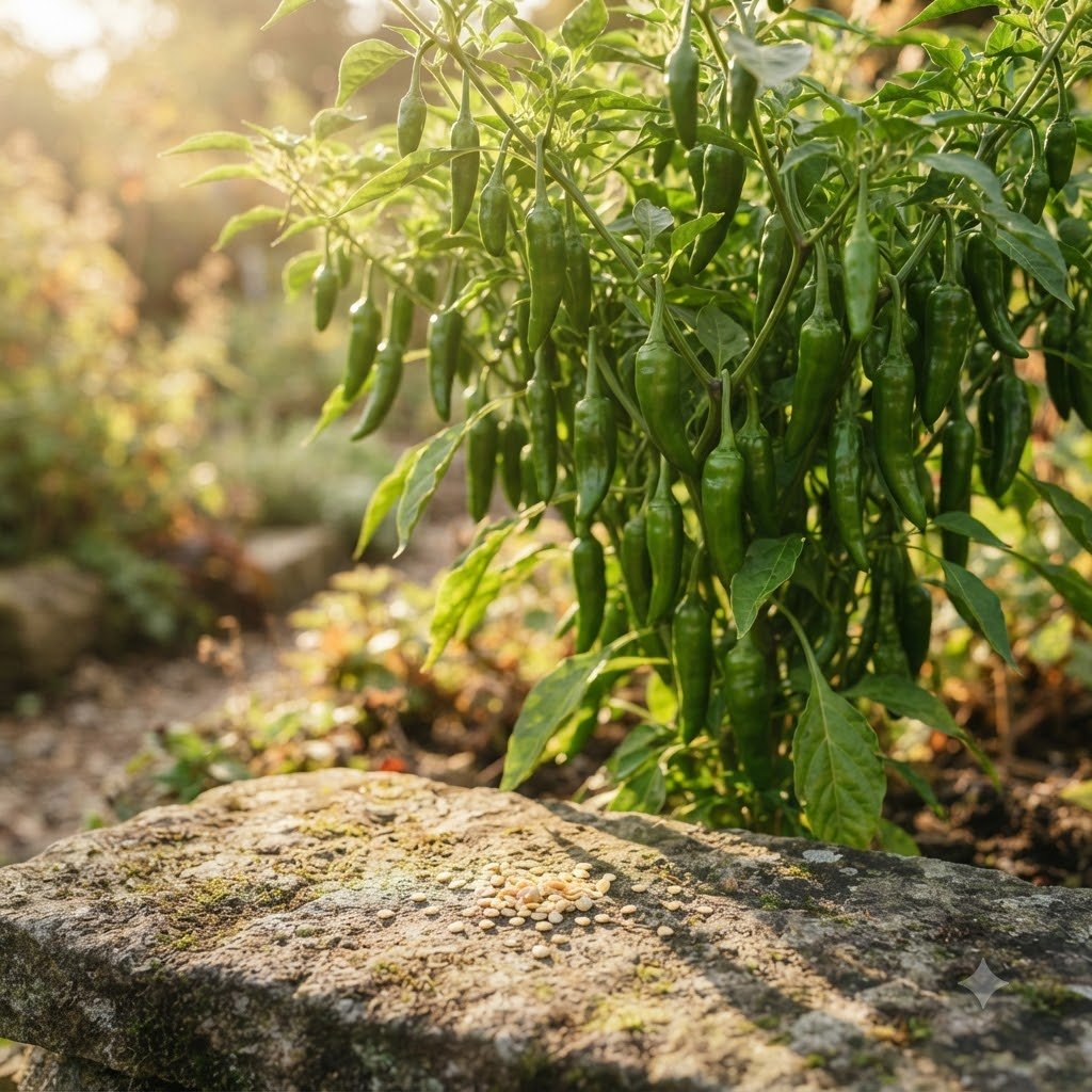 Green chilli plant laden with peppers, with seeds scattered on a mossy stone in the foreground.