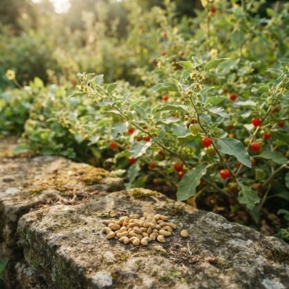 A small pile of ashwagandha seeds on a stone wall with a plant in the background.