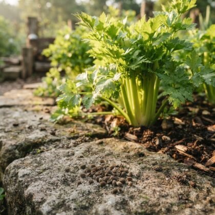 A small pile of seeds resting on a stone in front of growing celery plants.