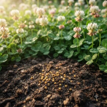 Clover seeds scattered on dark soil in front of blooming clover plants.