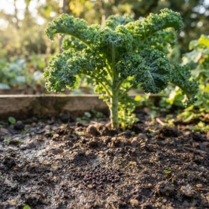 Small dark seeds on soil with a growing curly kale plant in the background.