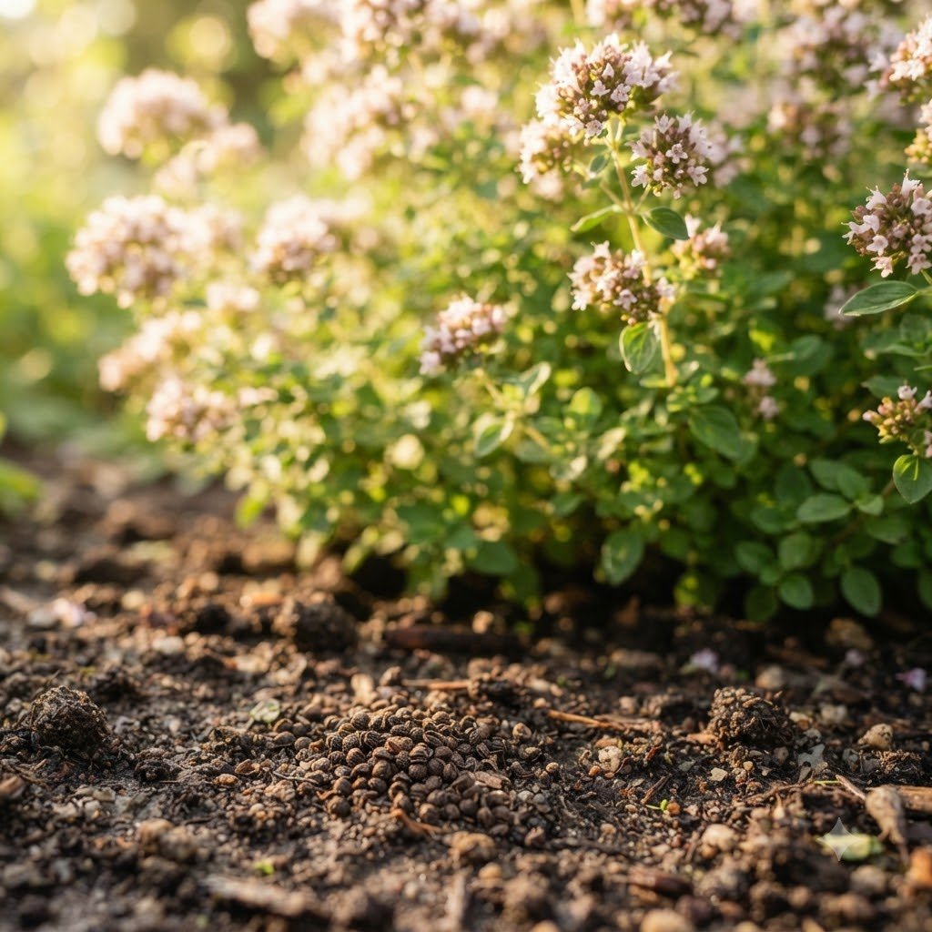 Oregano seeds scattered on soil in front of a blooming oregano plant.