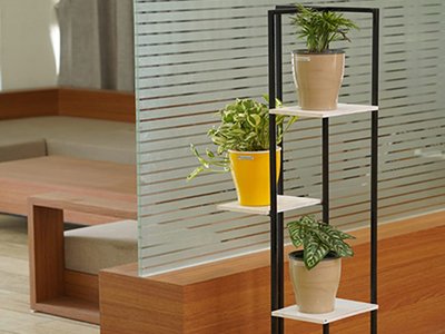 Tall black metal plant stand with three shelves holding potted plants in an office.
