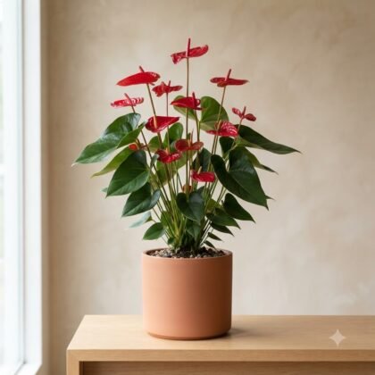Potted red anthurium plant with glossy green leaves on a wooden table near a window.
