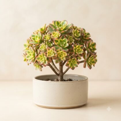 A dense, bushy succulent in a round, neutral-colored ceramic pot against a plain background.