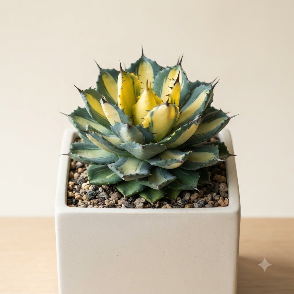 Variegated succulent plant with yellow and green leaves in a square white pot filled with small pebbles.