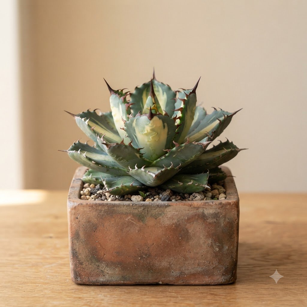 Variegated agave succulent in a square terracotta pot on a wooden table.