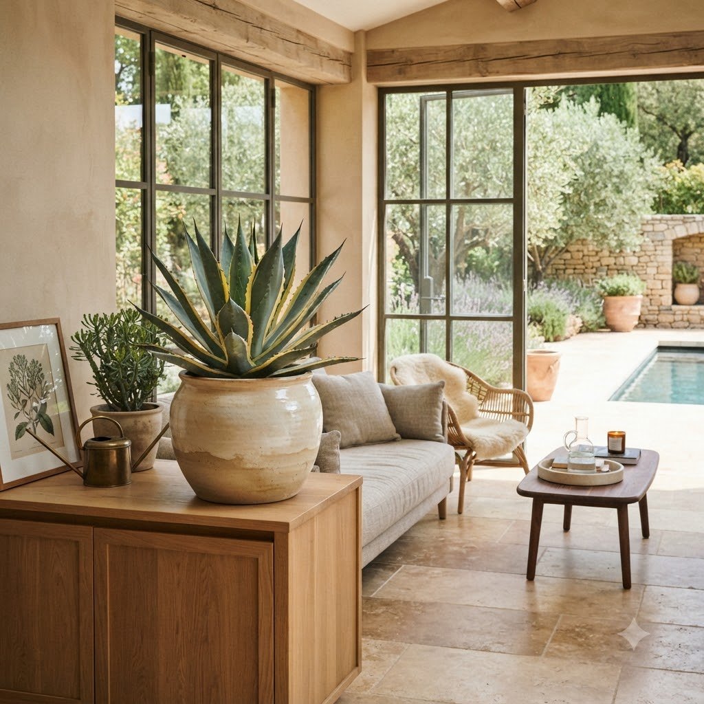 Sunlit sunroom with potted plants, a sofa, and large windows looking out to a pool and garden.