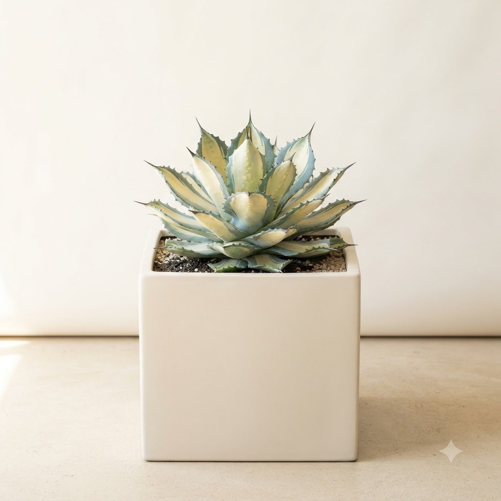 Variegated succulent plant in a square white planter on a neutral background.