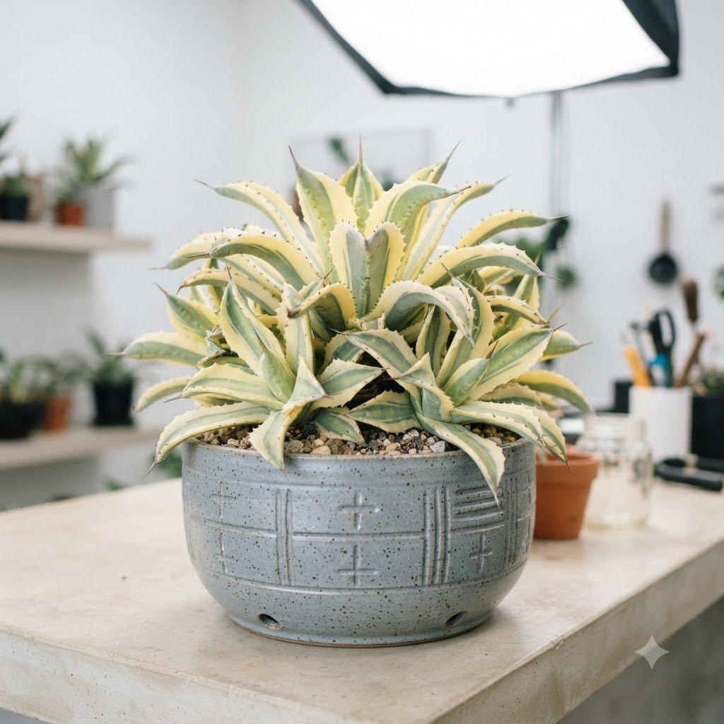 Variegated succulent plant in a patterned grey ceramic pot on a wooden table.