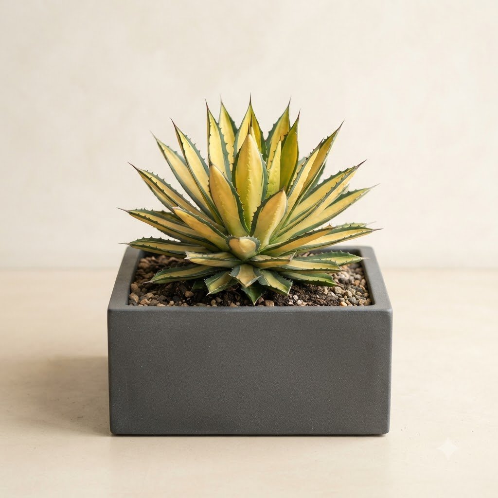 Variegated agave plant in a dark square planter on a light surface.