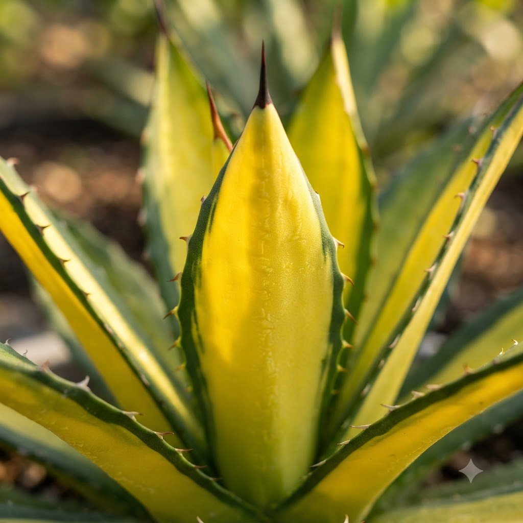 Close-up of a succulent plant with yellow-centered leaves and dark spiky tips.