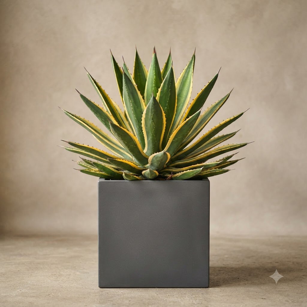 Variegated agave plant in a square grey planter against a neutral background.