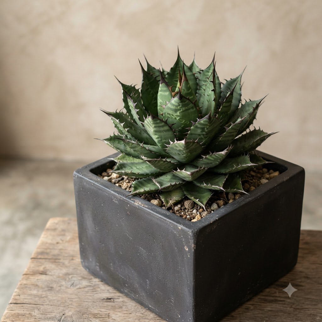 Spiky succulent plant in a square dark pot on a wooden surface.