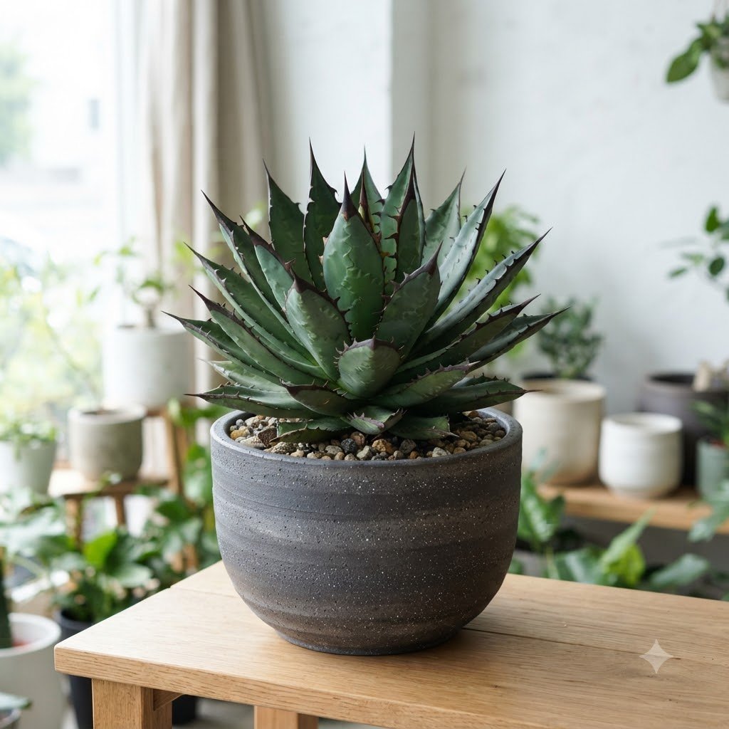 Potted agave plant with spiky leaves in a textured grey planter on a wooden stand.