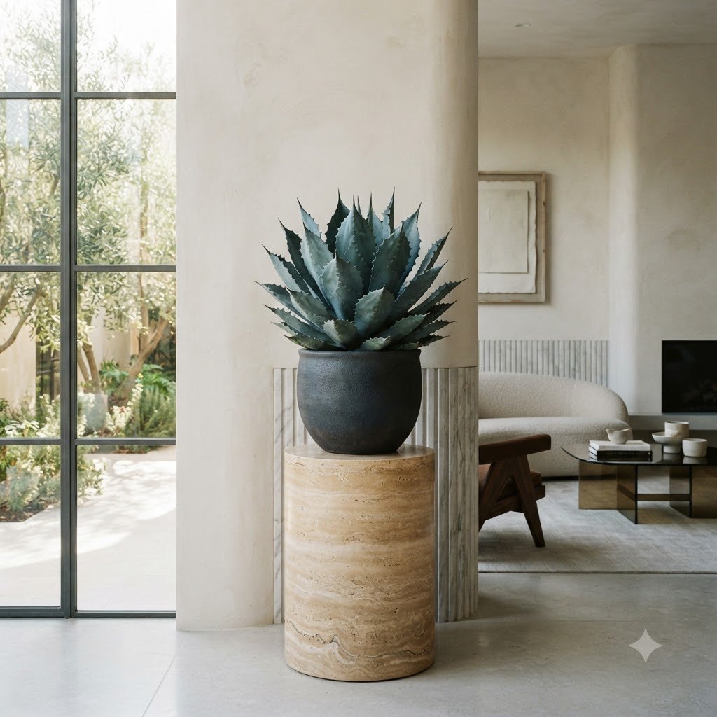 Large dark potted plant on a round stone pedestal in a modern minimalist living room.