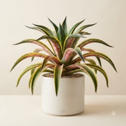 Agave plant with variegated spiky leaves planted in a white cylindrical pot against a neutral background.