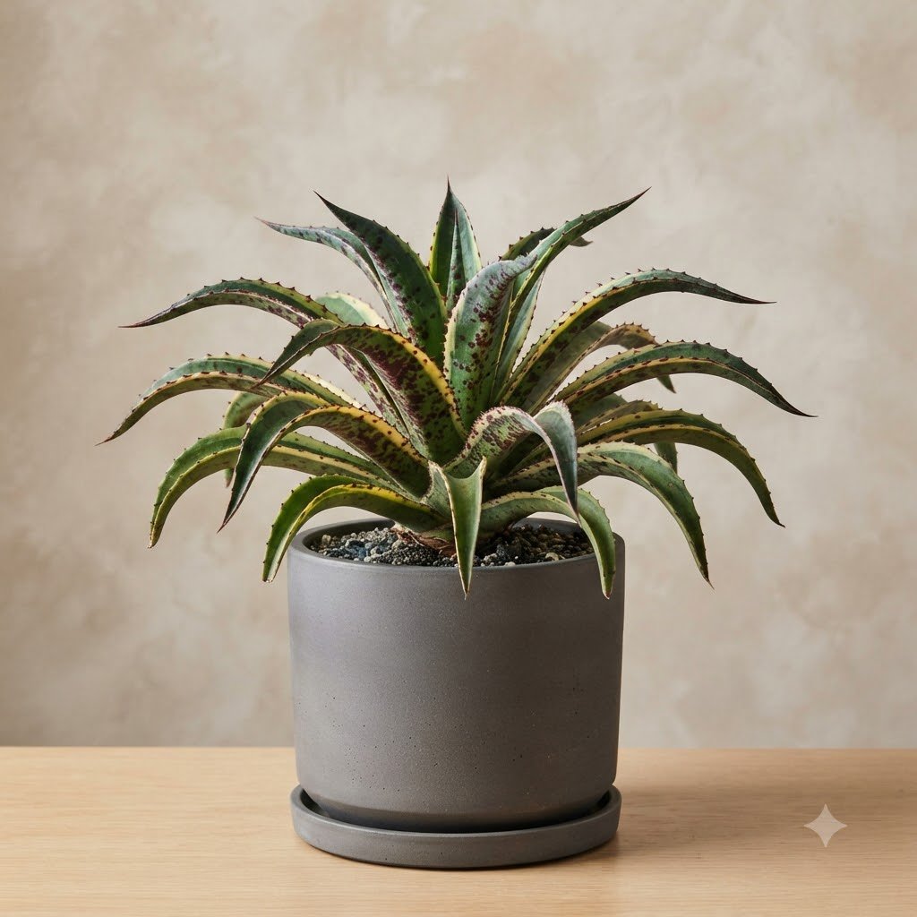Spotted succulent with arched, pointed leaves in a dark grey pot on a wooden surface.