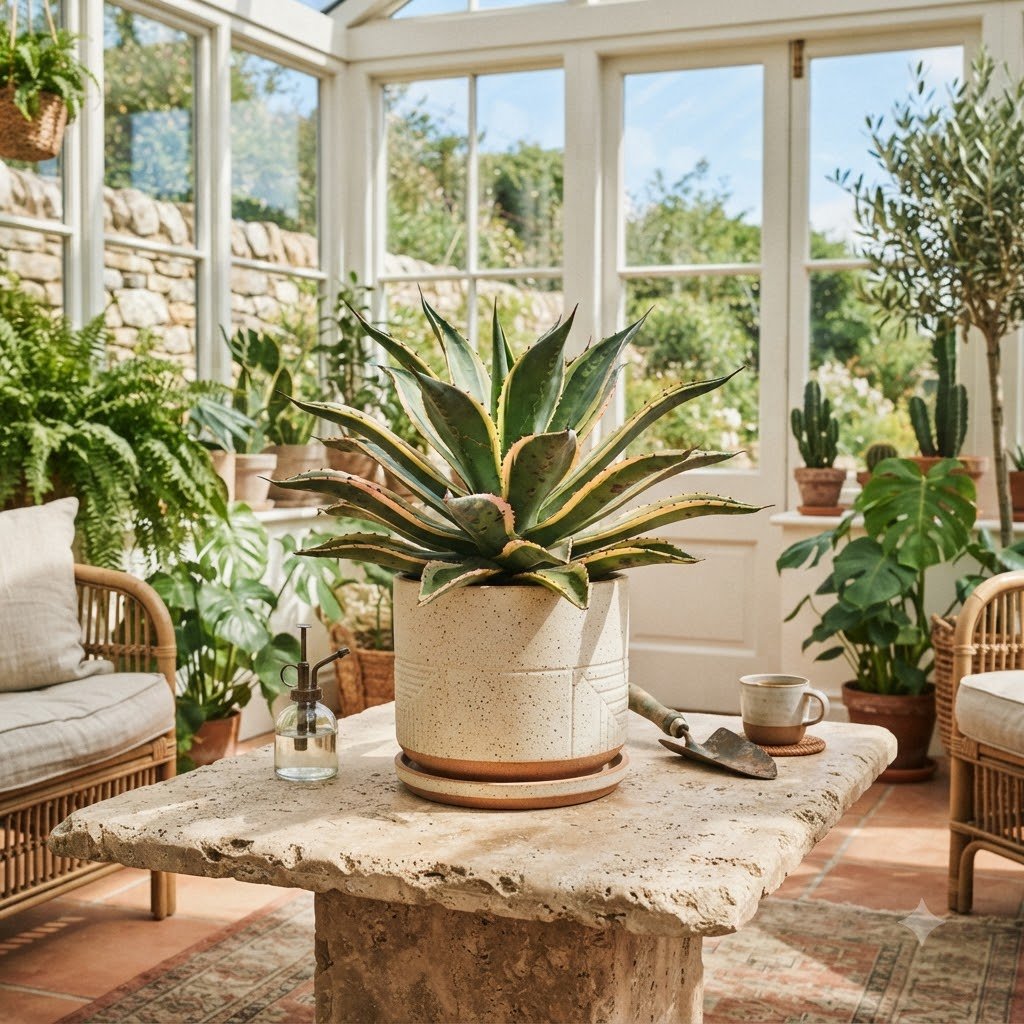 Large potted plant with spiky leaves on a stone table in a bright sunroom.