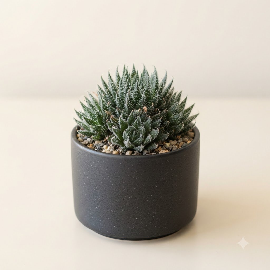 A small succulent with spiky, patterned leaves planted in a dark, cylindrical pot on a light surface.