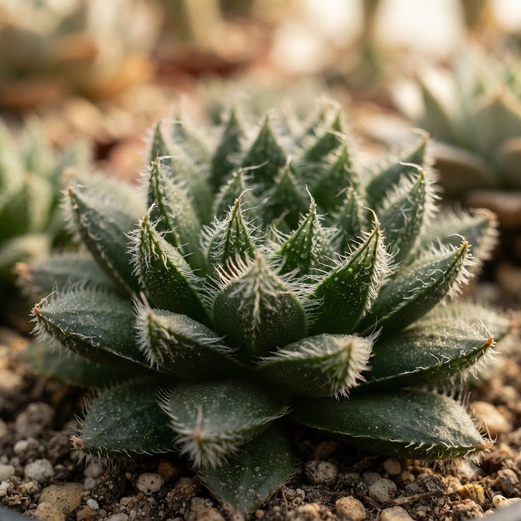 Close-up of a small succulent with pointed, green leaves edged in fine white hairs.