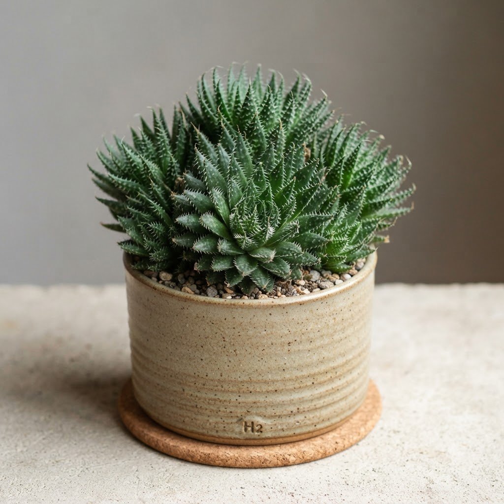 Lush succulent plant in a ribbed ceramic pot with a cork coaster.