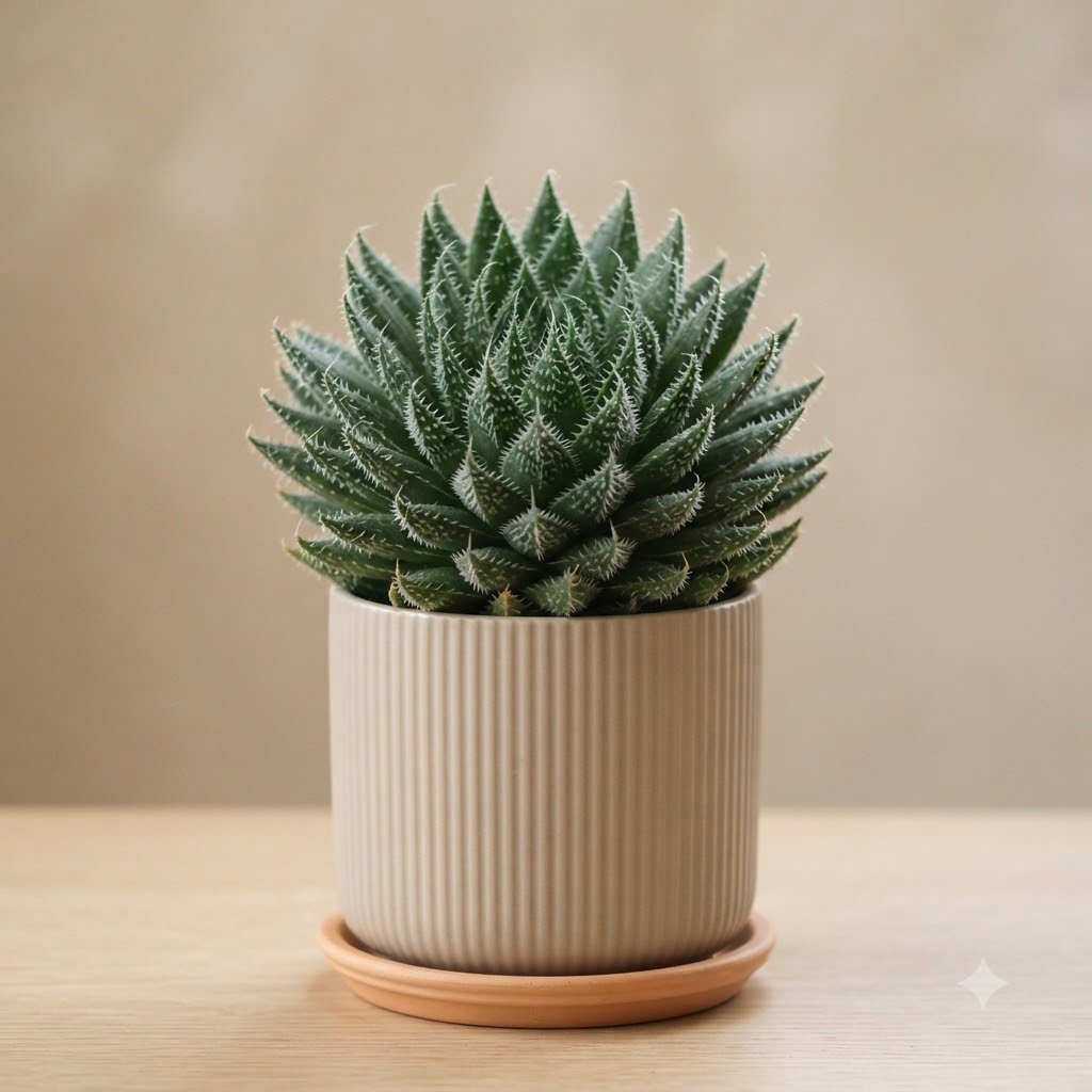 A potted succulent with spiky green leaves in a fluted white ceramic pot with a saucer.