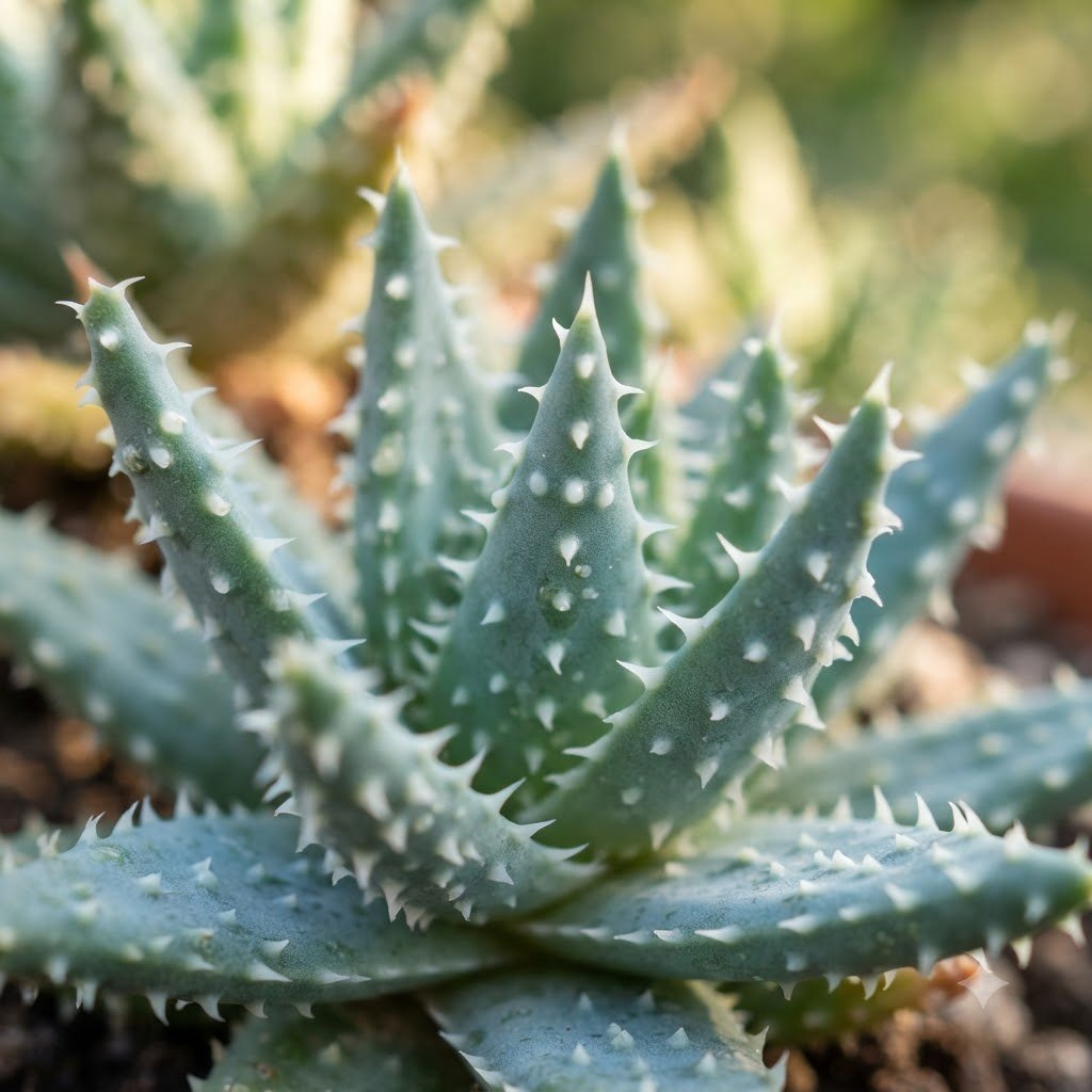 Close-up of a spiky succulent plant with textured, tooth-edged leaves in soft natural light.