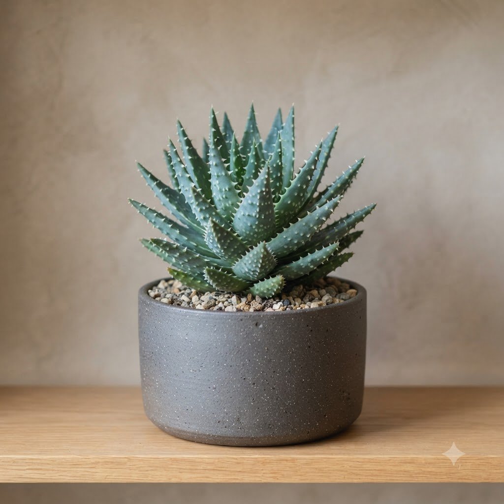 Succulent plant with spiky leaves in a dark gray ceramic pot on a wooden shelf.