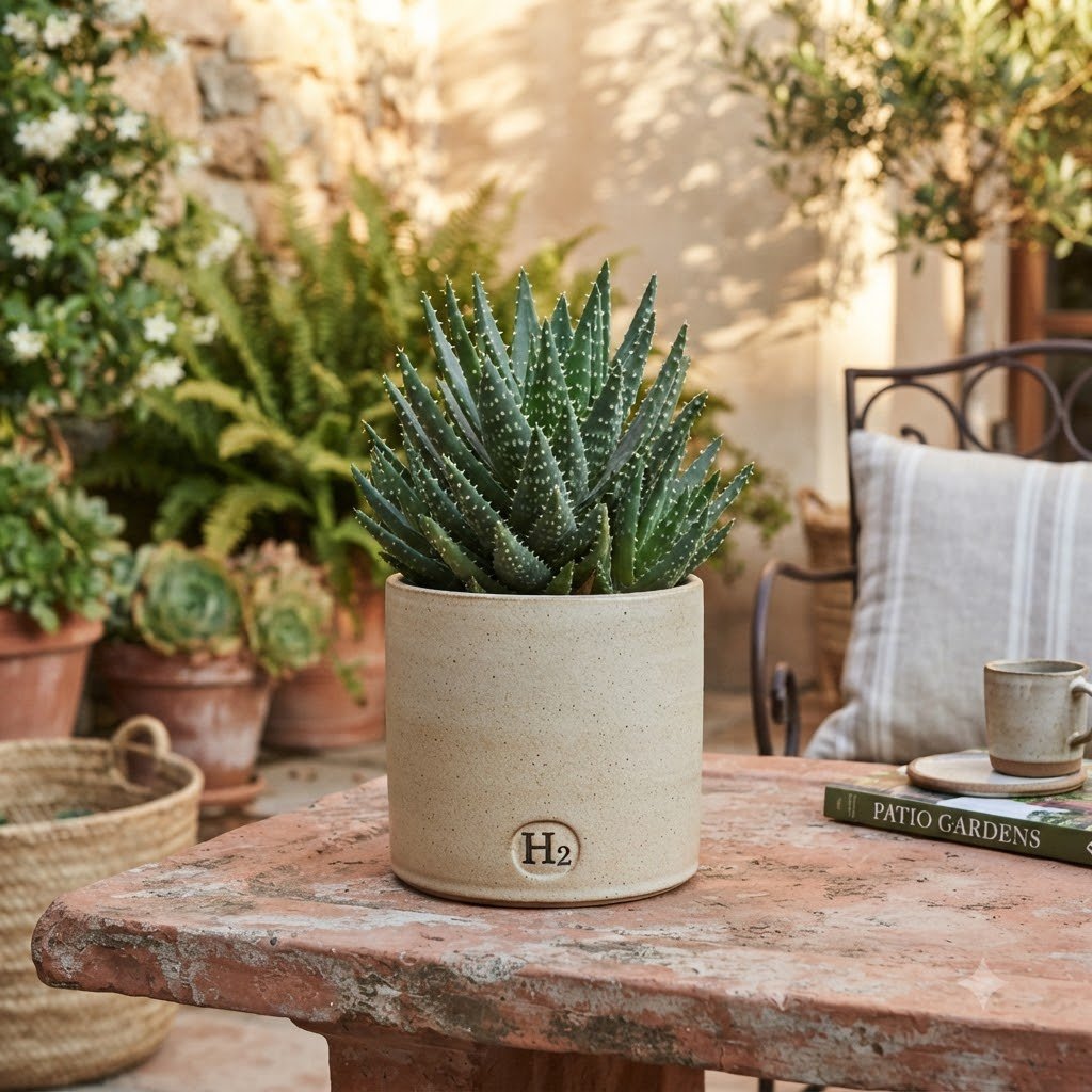 A spotted succulent in a light-colored ceramic pot with an H2 logo on a stone table outdoors.