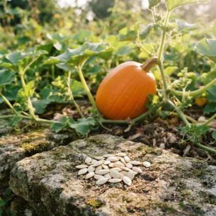 A pile of pumpkin seeds on a weathered stone with an oval pumpkin growing in a garden behind.