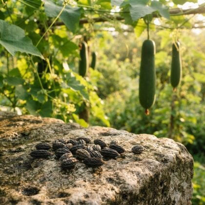 Spong gourd seeds on a stone surface with green gourds growing on vines in the background.