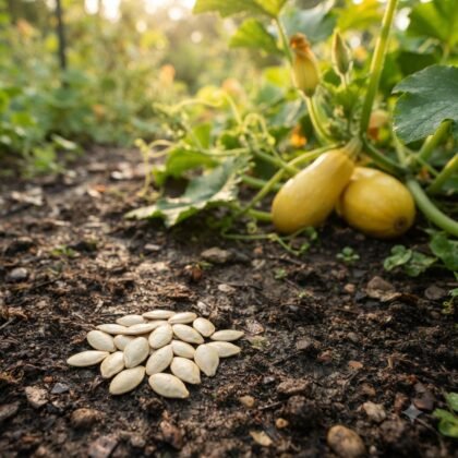Summer squash seeds on the ground in a garden with growing squash plants.