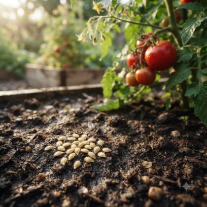 Tomato round seeds scattered on garden soil near a tomato plant.
