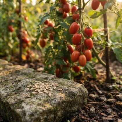 Tomato seeds resting on a mossy stone in front of a tomato plant laden with ripe oval fruits.