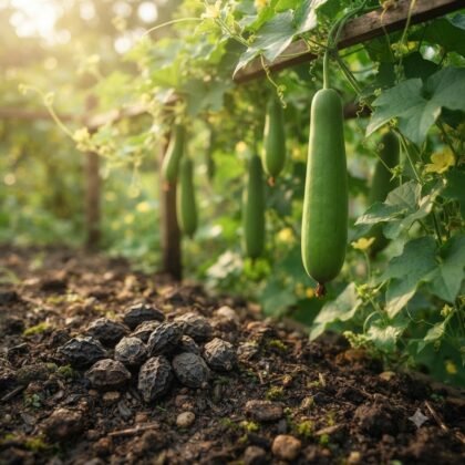 Spong gourd hybrid seeds on soil in foreground with growing sponge gourds on vines in background.