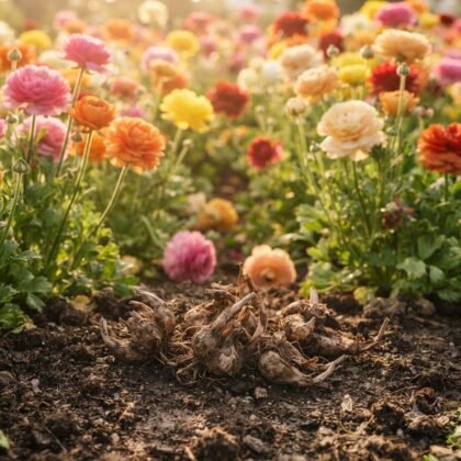 Ranunculus bulbs resting on dark soil in front of a blooming field of colorful flowers.